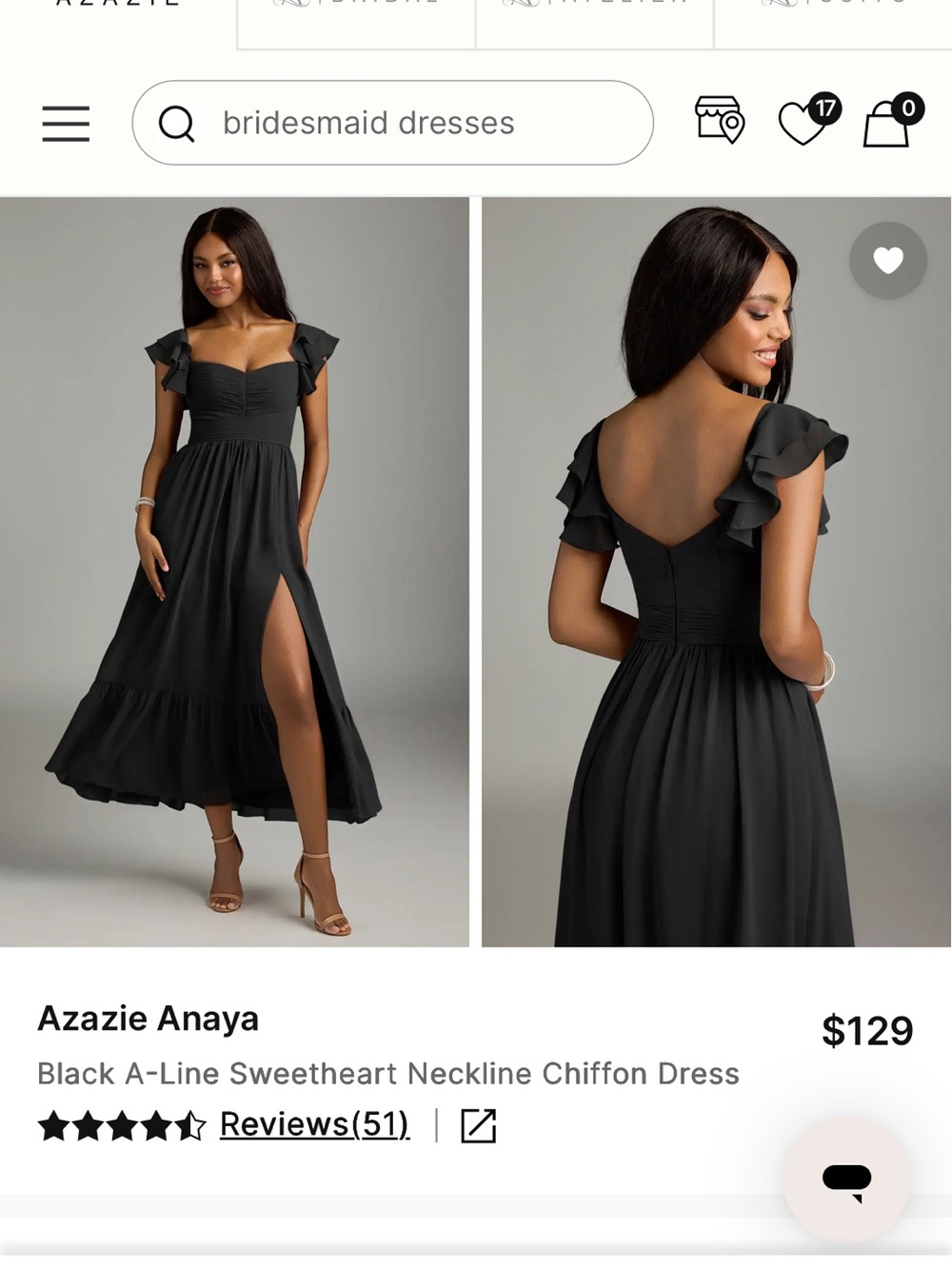Azazie Black Anaya Midi Chiffon Dress with Flutter Sleeves